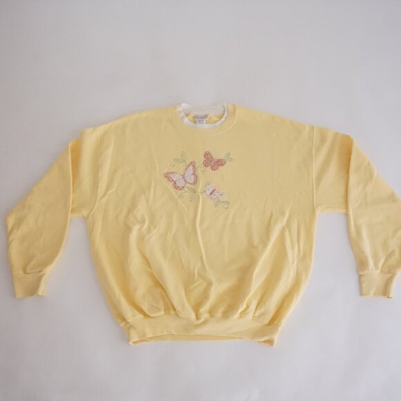 Top Stitch Yellow Butterfly Embroidered Sweatshirt Cottagecore Grandmacore XL - Picture 1 of 8